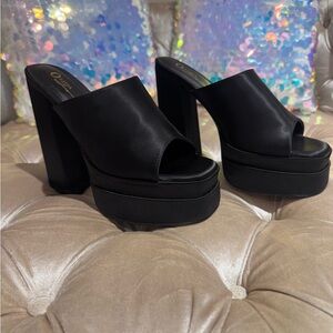 Qupid Black Satin Platform Mules